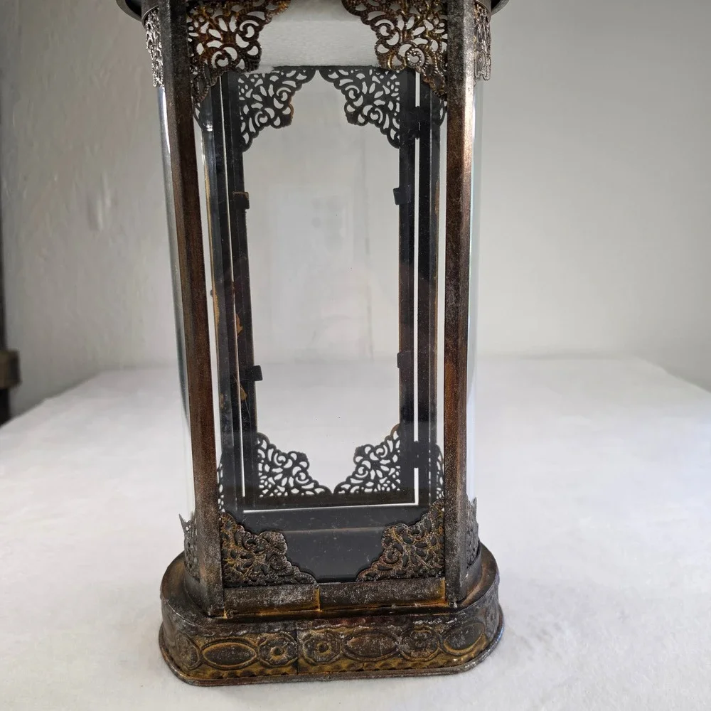 Vintage Ornate Metal Glass Candle Lantern Distressed Bronze Gold Filigree Decor